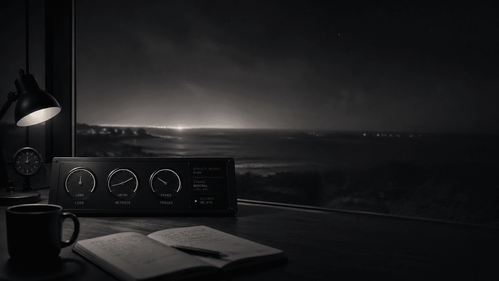 A night-shift desk overlooking the coast: lamp, ledger, mug, and a Heralda console reading 99.97% silence over 24 hours